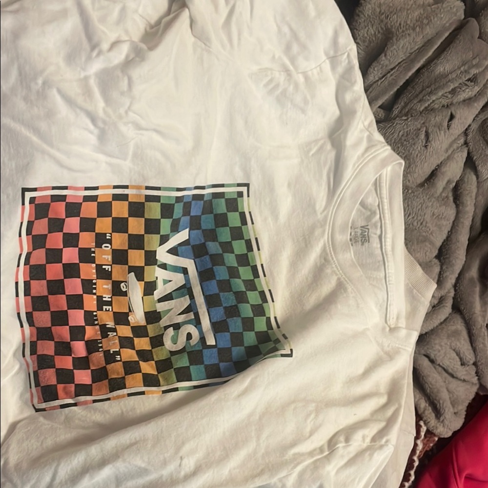 Vans White Long Sleeve Tee with Vibrant Checkered Design
